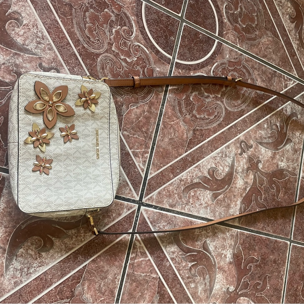 Michael Kors Cream Crossbody Bag with Tan Floral Appliqués